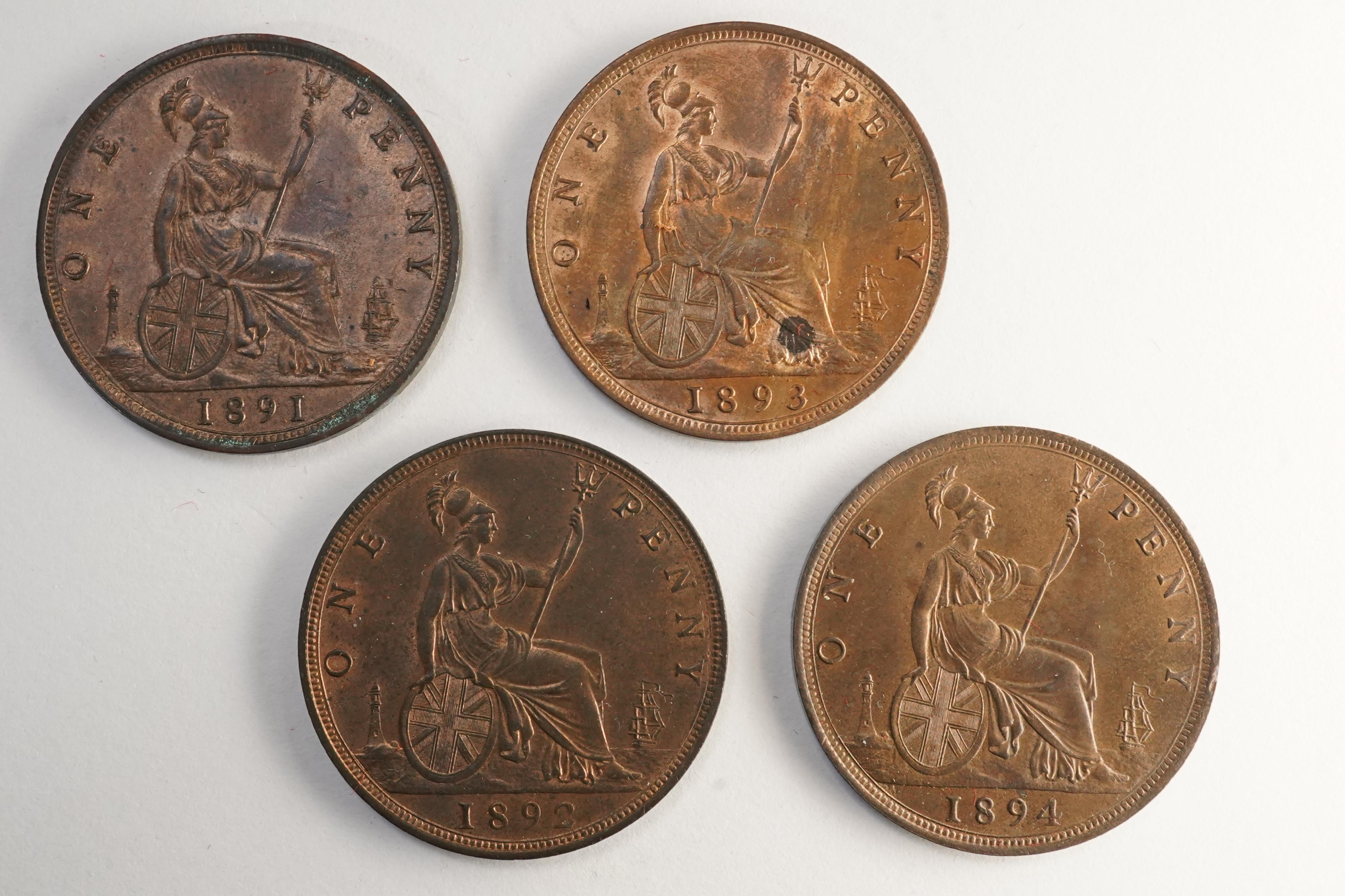 British coins, Victoria, four bronze pennies;, 1891, Fr. 132, Gouby dies R/r, some verdigris, good EF, toning and lustre, 1892, Fr. 134, Gouby dies R/r, good EF, dark toned, some lustre, 1893, Fr. 136, Gouby dies R/r, so